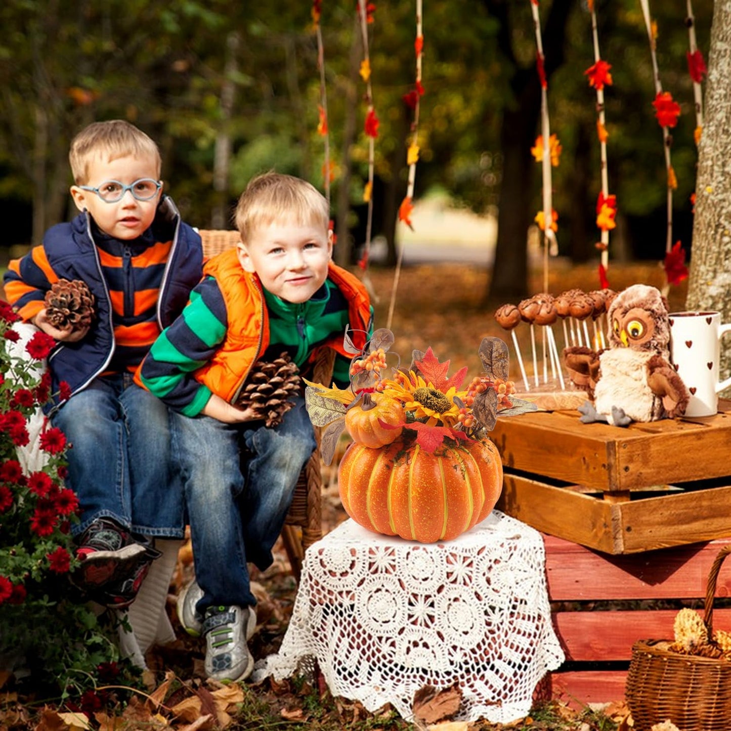 12 Inch Artificial Pumpkins Large Fake Pumpkin Decor Plastic Pumpkins Decorative with Sunflower Maple Leaf Berries Faux Pumpkin for Decorating Fall Harvest Thanksgiving Tables Centerpieces Decor