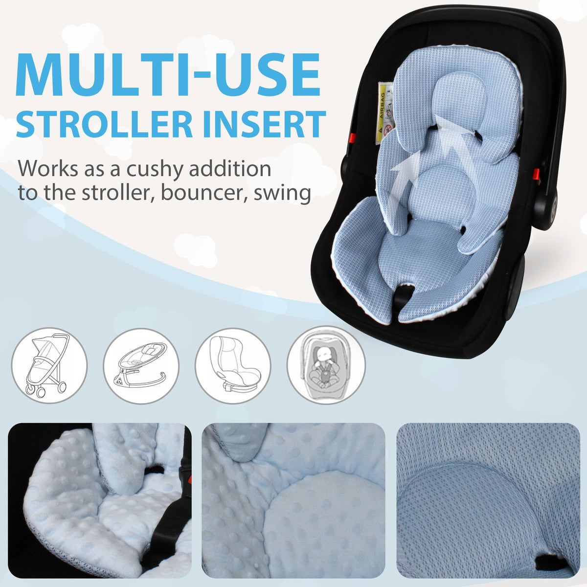 Infant Carseat Insert, 2-in-1 Reversible Baby Car Seat Cushion for Newborn Toddler Head & Body Support Car Seat Pad for Carseats, Strollers, Swings, Bouncers