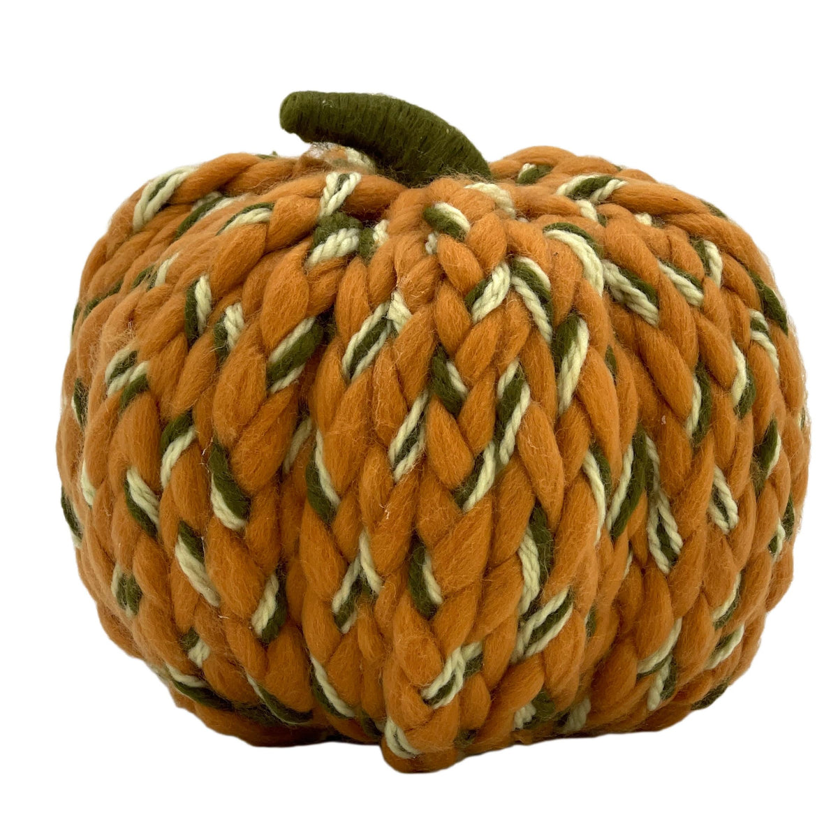 Galt International Chunky Yarn Woven Pumpkin Handmade Indoor Thanksgiving Harvest Decoration 9" Fall Autumn Home Decor Orange Green Cream Tabletop Coffeetable Mantle Dining Table Braided