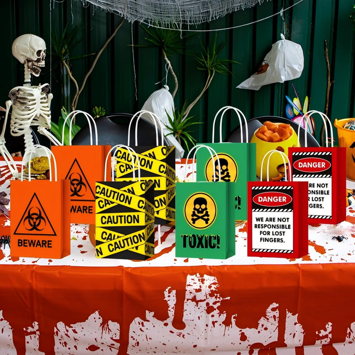 TaoBary 24 Pcs Halloween Biohazard Treat Bags Spooky Halloween Caution Gift Bags with Handles Beware of Danger Zombie Theme Horror Party Favors for Candy Goodie Snacks Holiday Party Supplies