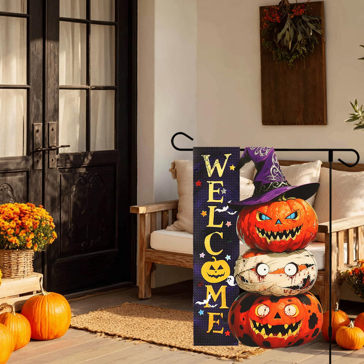Halloween Pumpkin Monster Garden Flags 12x18 Inch Double Sided, Welcome Funny Small Yard Flags for Outside, Farmhouse Front Porch Outdoor Fall Decor Holiday All Seasons Decoration