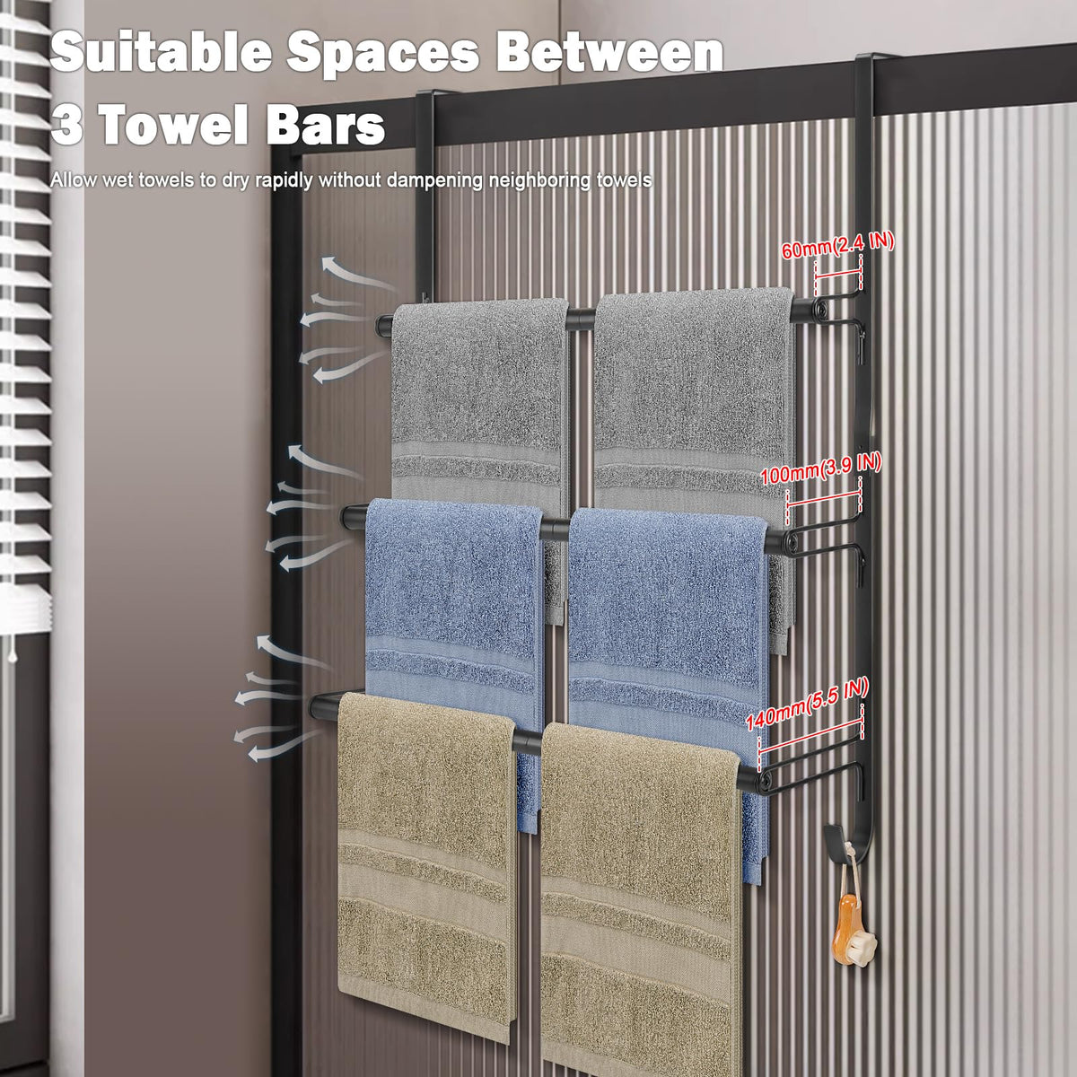 Livabber 3-Tier Over The Door Towel Rack, All Metal Towel Rack with Hooks for Door Hanging, Behind Door Towel Bar Towel Storage Holder for Bathroom Accessories, Black (19.37" L x 5.9" W x 24.4" H)