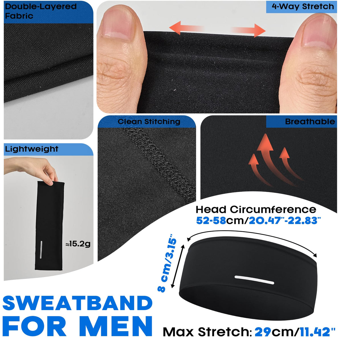 Sukeen Lightweight Sports Headbands for Men, Moisture Wicking Sweat Bands Headbands Non-Slip, Reflective Elastic Mens Headband for Running, Cycling, Gym, Fitness, Sports, Black
