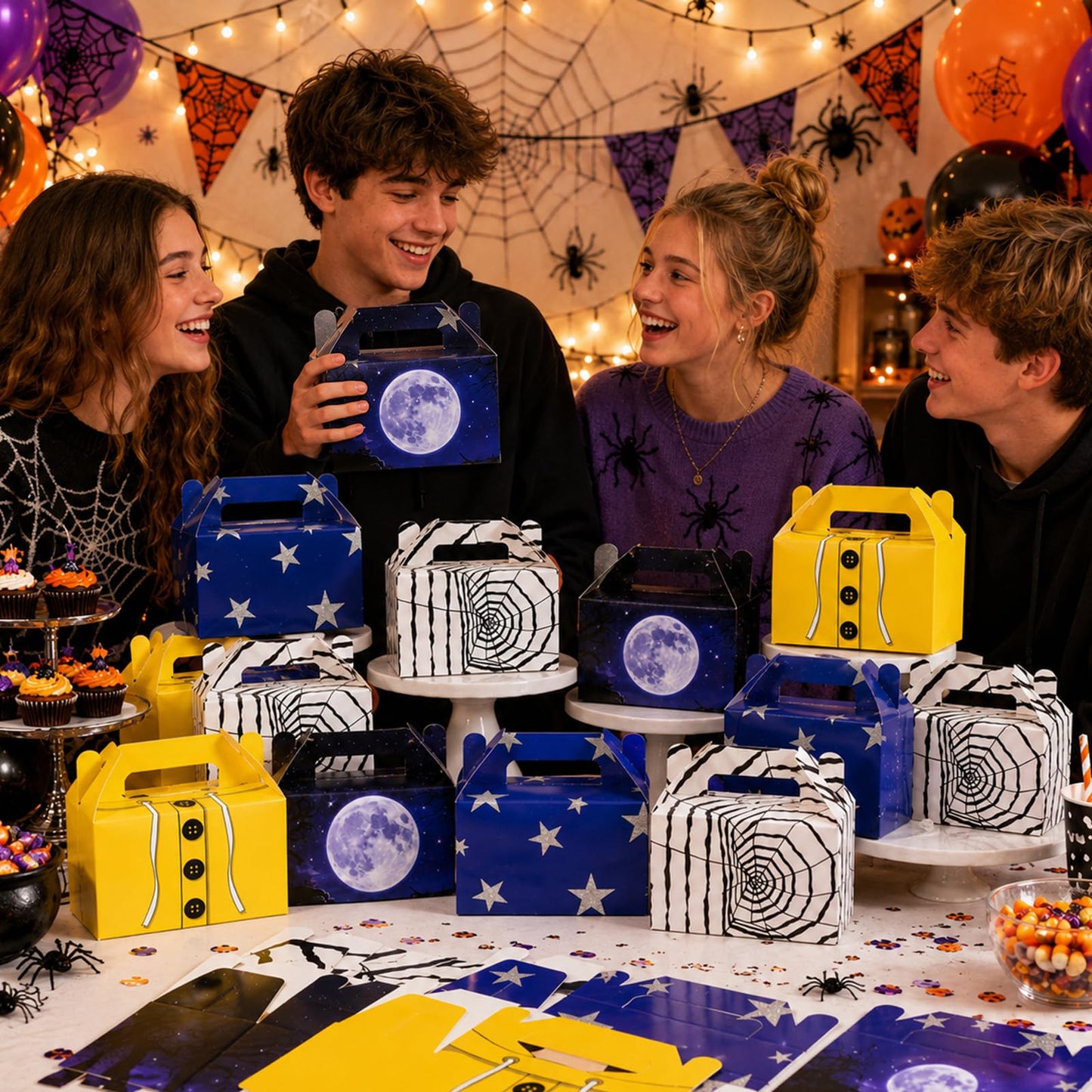 12 Pcs Spooky Themed Party Favor Boxes Cartoon Movie Theme Treat Paper Boxes Spider Star Moon Button Paper Box Halloween Supplies Spider Birthday Themed Favor Box for Celebration Party Supplies