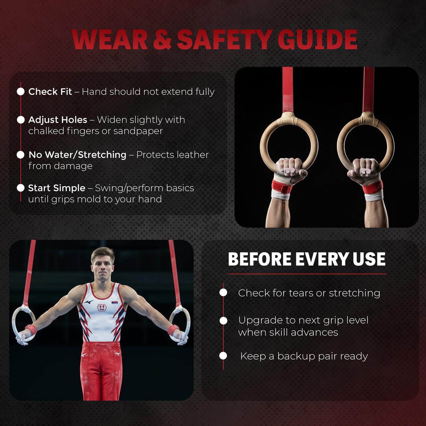 Reisport Protec Ring Gymnastics Grips for Men - Triple Strength Leather Hand Grips for Gymnastics Rings - Gymnastics Equipment & Accessories for Advanced Gymnasts