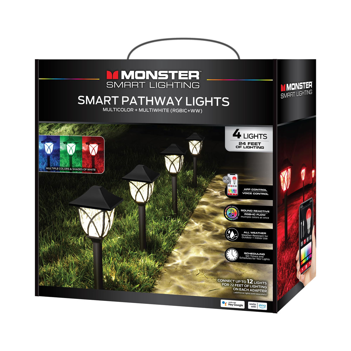 Monster Smart RGB+IC+WW Pathway Lights with 4 Dimmable LED Lights - Sound Reactive Garden Light, Weatherproof IP44 Outdoor Lighting - Compatible with Alexa, Google Assistant, Siri, Monster App