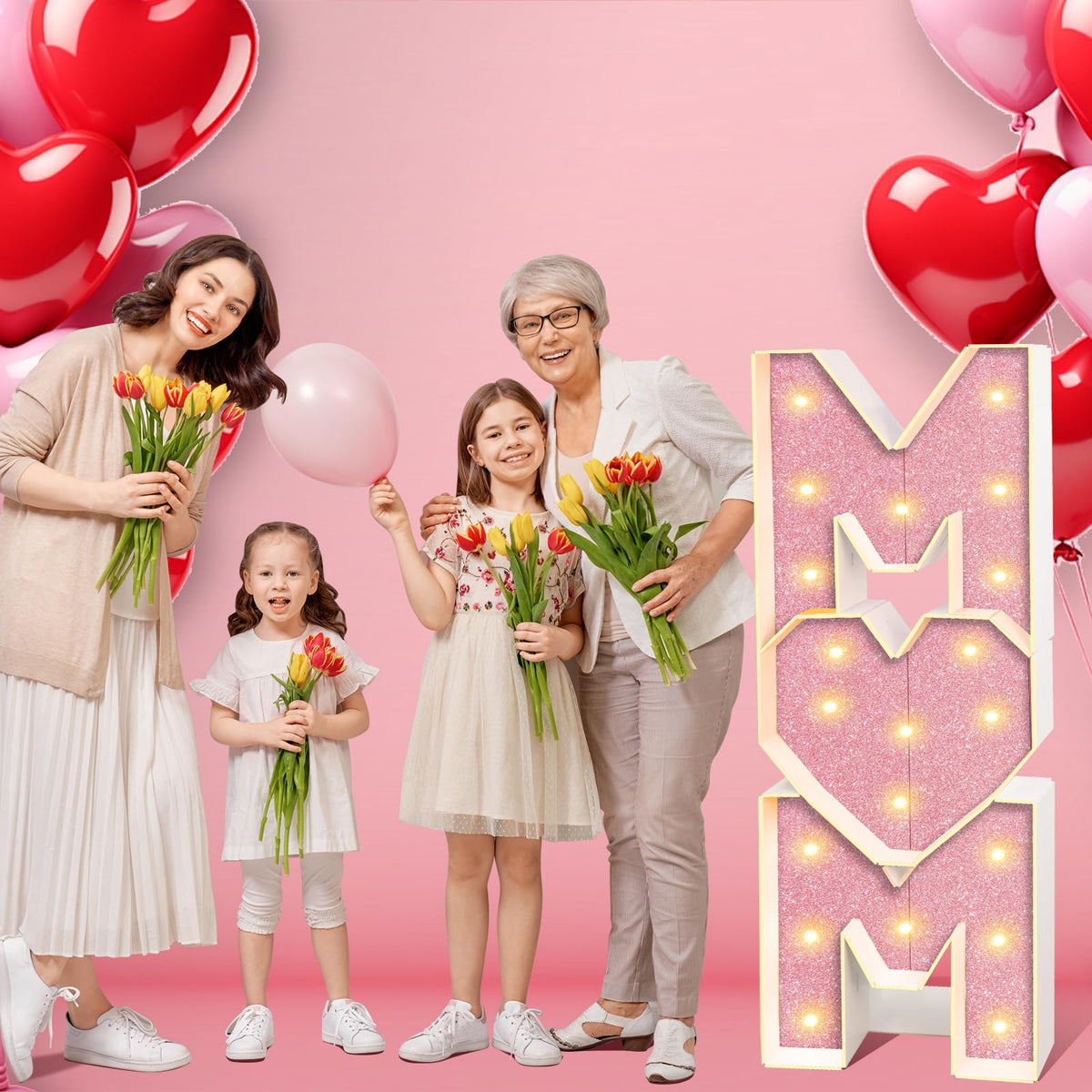 Mother’s Day Decorations LED Letter Lights, 4 Feet Tall ‘MOM’ Marquee Letters Lights Large Heart Sign for Mother’s Day Wall Deor Birthday Party Decorations Supplies, Pink