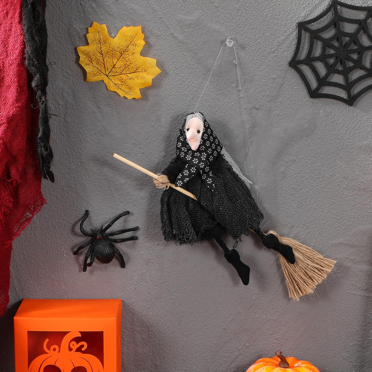 DIYEAH Halloween Witch Doll Decor with Broomstick for Indoor Outdoor Party Decoration, 9.44 Inch Grey Hanging Witch Figurine with Red Accents