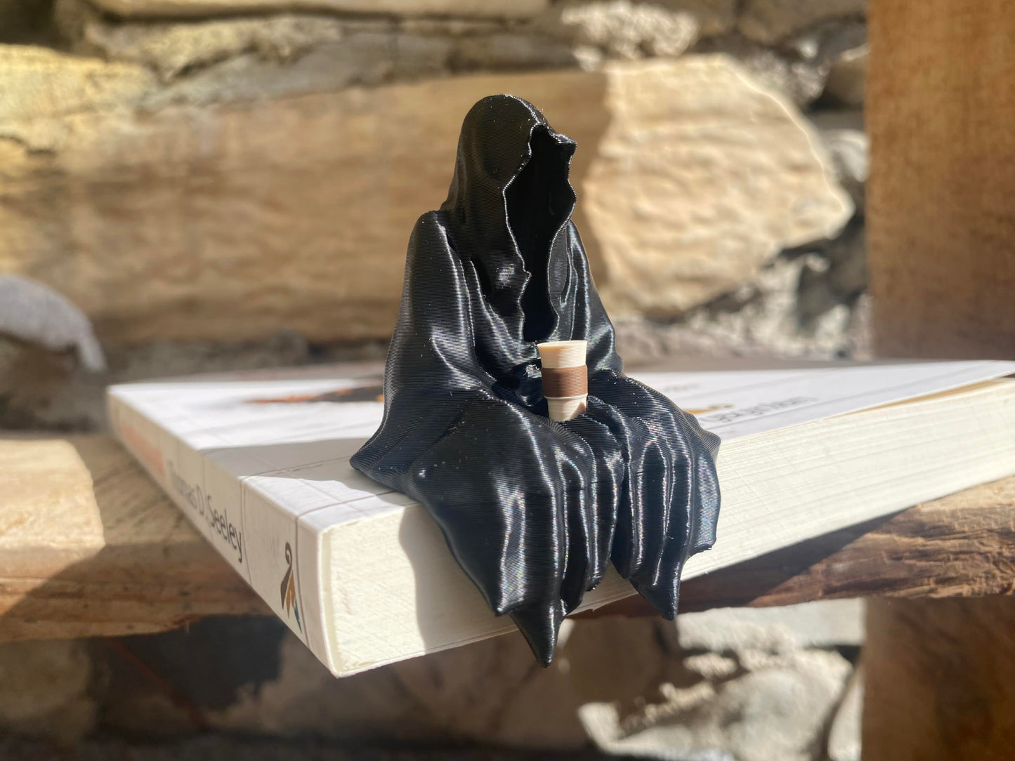 Sitting Ghost Figurine Holding Coffee | Suriel ACOTAR Inspired Decoration | Fantasy Book Lover Gift | Cozy Goth Desk Decor | Spooky Cute Aesthetic | Gift For Coffee Lovers