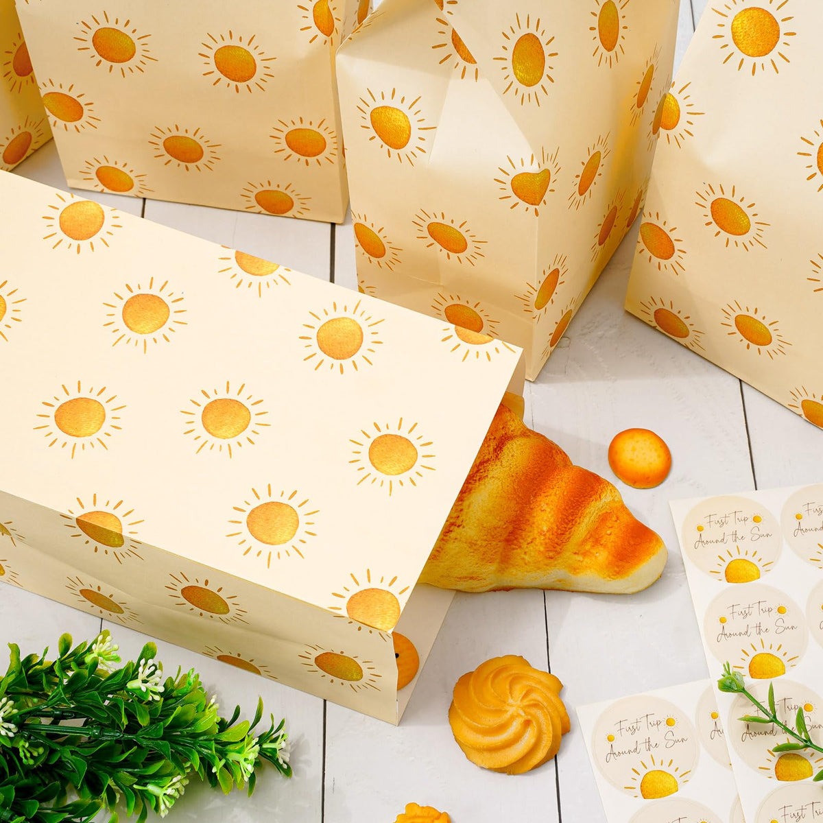 Whaline 24Pcs Boho Sun Party Favor Bags Baby Shower Paper Gift Bag with Tag Stickers First Trip Around the Sun Treat Candy Goodie Bags for Birthday Party Supplies, 4.7 x 3.1 x 8.7 Inch