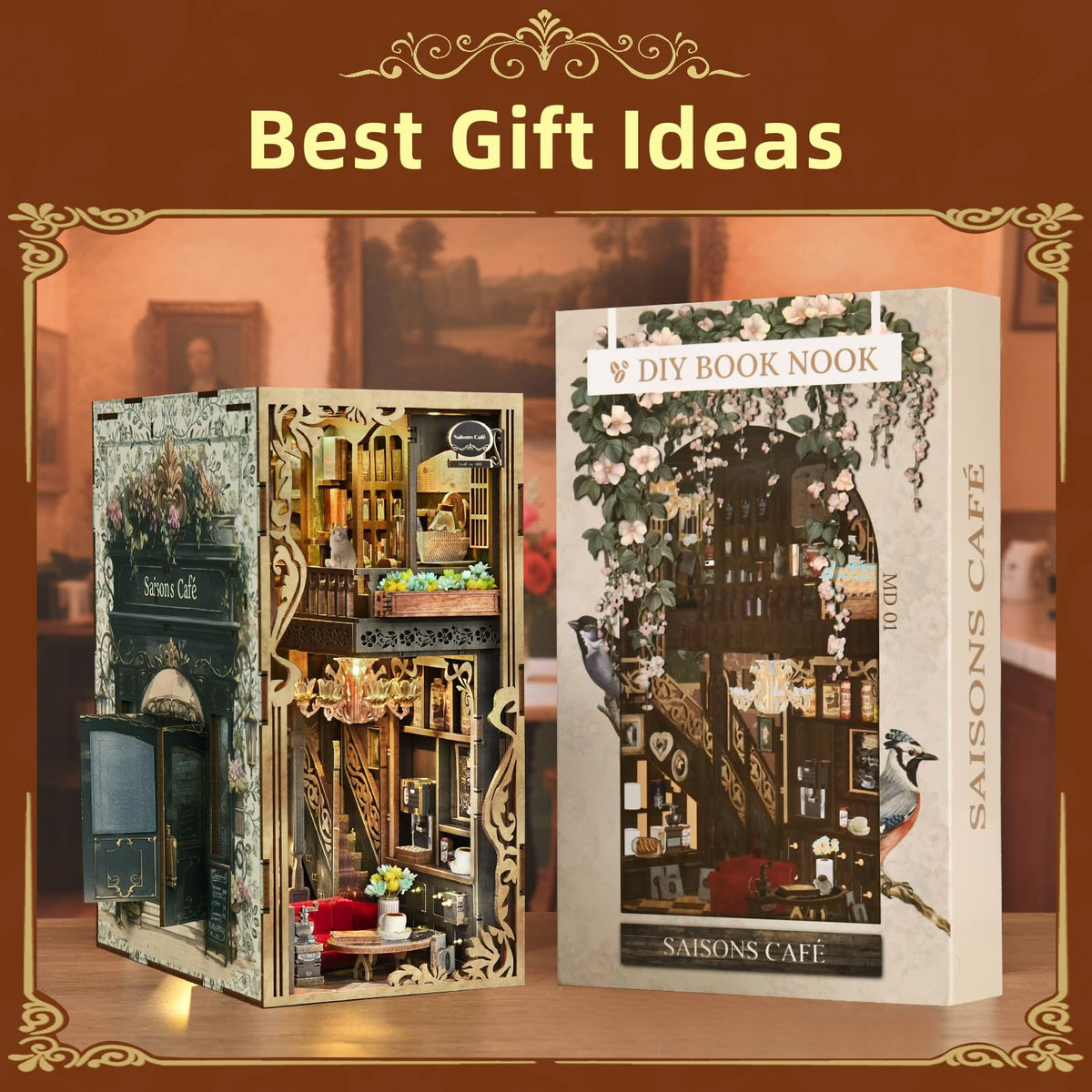 CCCDF Book Nook Kit - DIY Miniature House Coffee Shop Dollhouse Kit for Adults and Teens, 3D Wooden Puzzle Booknook Tiny House Bookshelf Decor, Gifts for Family, Friends (Saison Café)