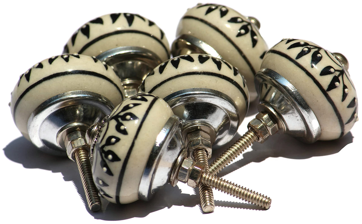 owlKraft Set of 6 Unique Handmade Ceramic Knobs | Modern Drawer Knobs | Trendy Cabinet Door Knobs | Dresser Drawers - Countryside (Style 2, Black and White (Beige) Flower Design)
