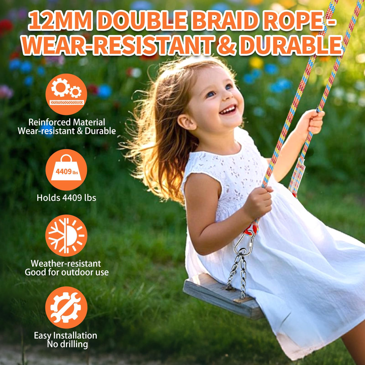 Werfeito Tree Swing Ropes (Set of 2), 3FT/5FT/10FT/15FT/20FT, Tree Swing Straps Hanging Kit Holds 4400 lbs, Heavy Duty Carabiners for All Swing Hammock Playground Set Accessories (3 FT)