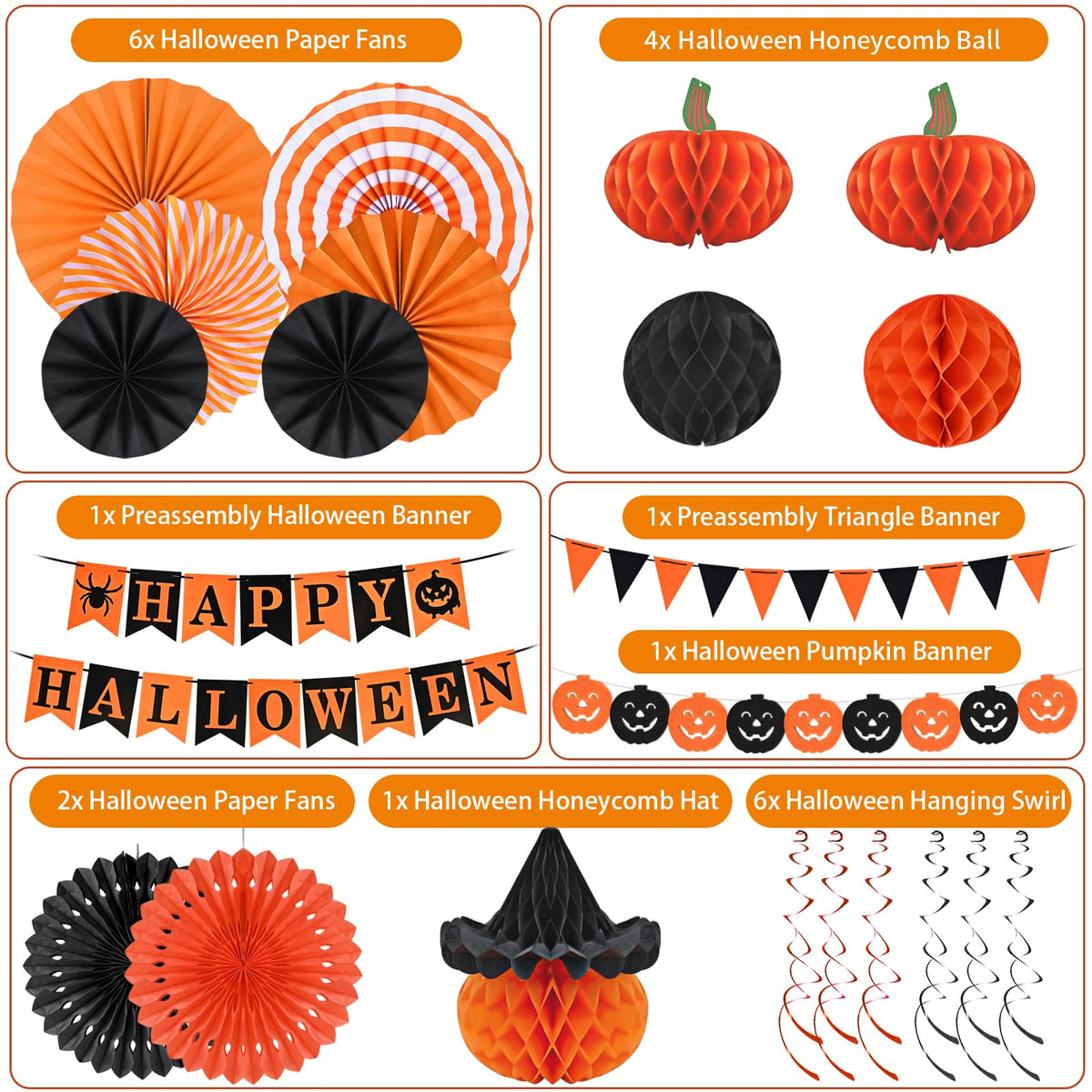 AhfuLife Halloween Party Decorations - Supplies Set with Reusable Decorations, Indoor Happy Halloween Sign Banner, Pennant Banner, Paper Tissue Fan