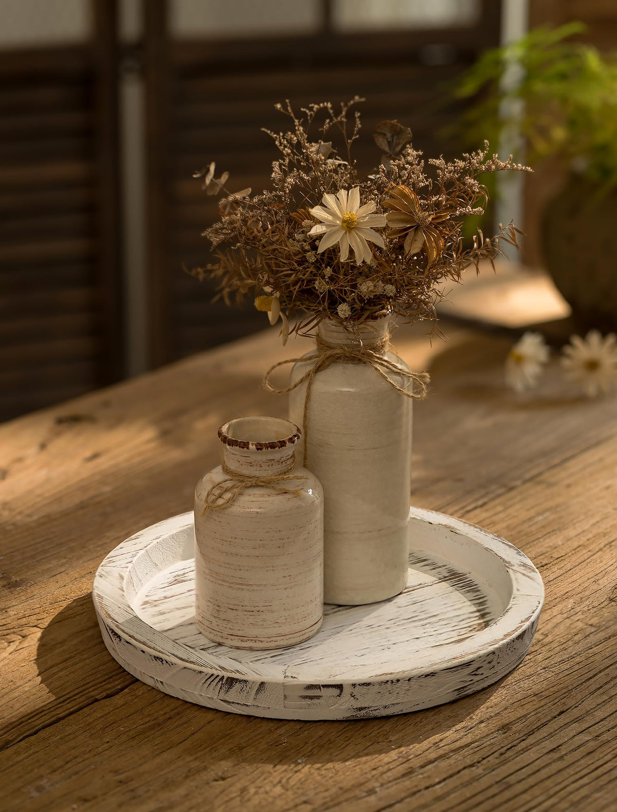 Hanobe Candle Plate Holder Tray: Round White Wood Decorative Tray Decor - Rustic Farmhouse CoffeeTable Decor - Tealight Pillar Trays for Home Decor