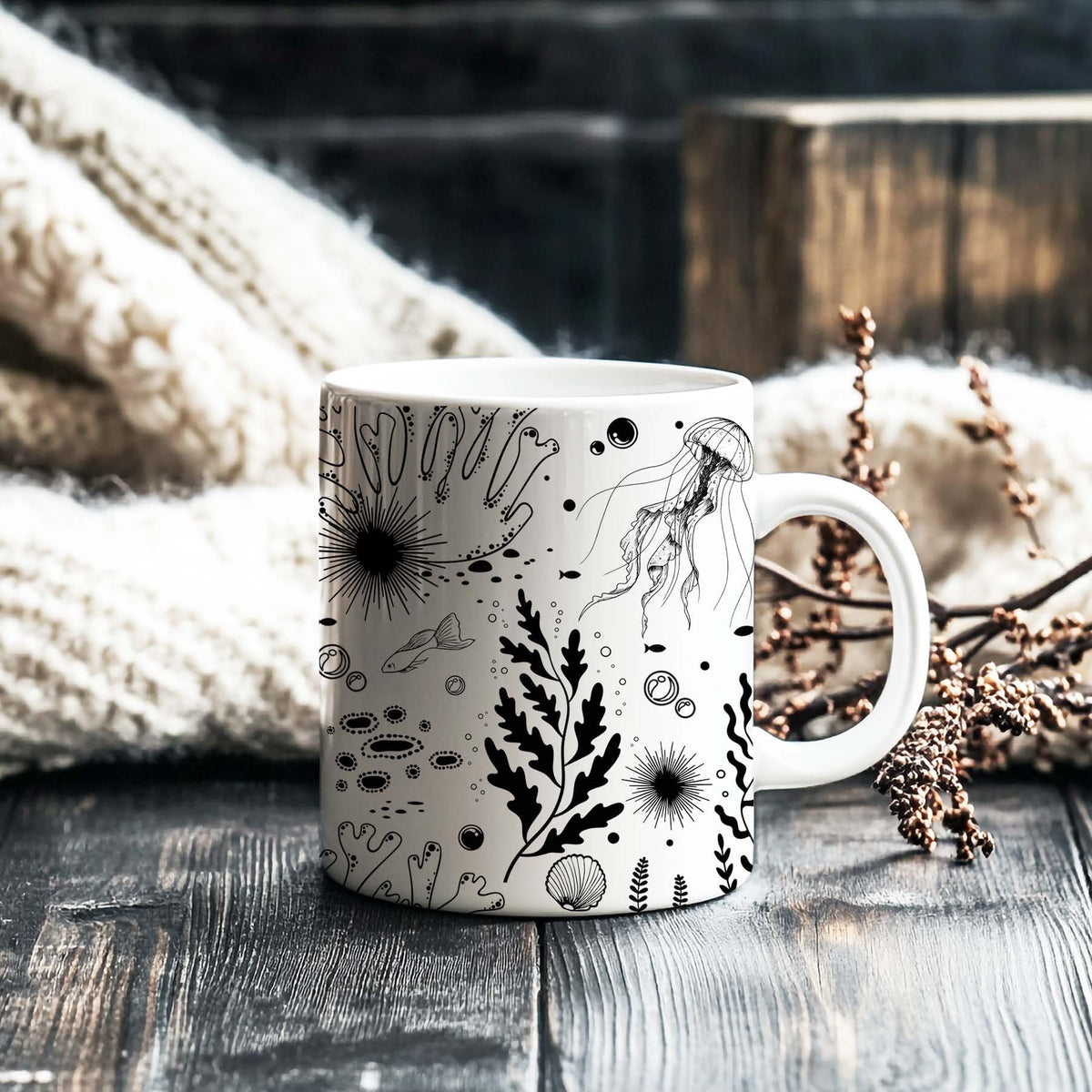 15 oz White & Black Boho Ceramic Coffee Mug with Octopus Art - Comes with a Gift Card - Unique Novelty and Cool Mugs for Men and Women, Ocean Themed Decor and Fun Gifts
