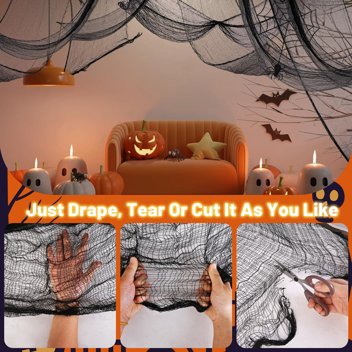 4-Pack Spooky Black Halloween Gauze - 30x120 Inch, Scary Cloth for Haunted House, Outdoor Patio, Garden, Indoor Wall Windows, Halloween Decorations