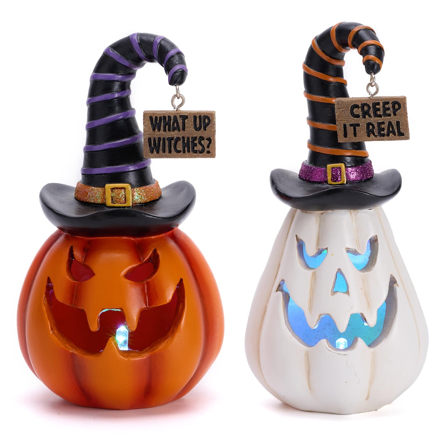 Valery Madelyn Pumpkin Halloween Decorations Indoor for Home, 2Pcs Resin Halloween Figurines with Light, White and Orange Jack o Lantern Decor with Witch Hat for Table Tiered Tray, 5.7" Tall