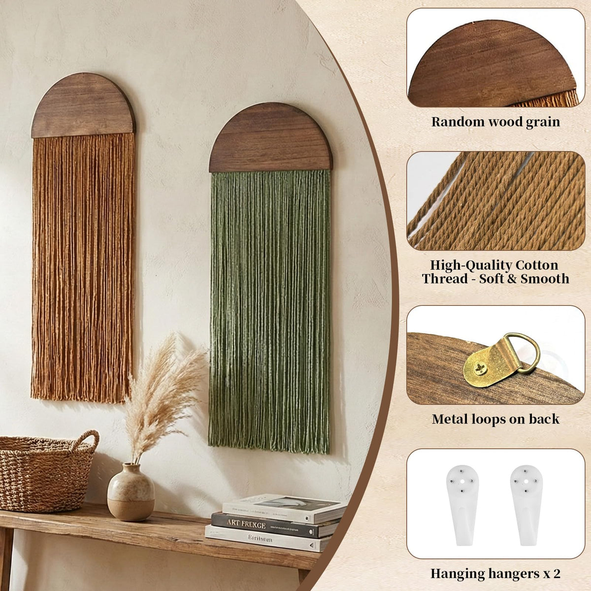 2 Pcs Macrame Wall Hanging Boho Wall Decor - 11.81" W x 35" L for Handmade Woven Tapestry Art with Wood Tassels, Bohemian Yarn Decoration for Bedroom Above Bed Headboard Living Room