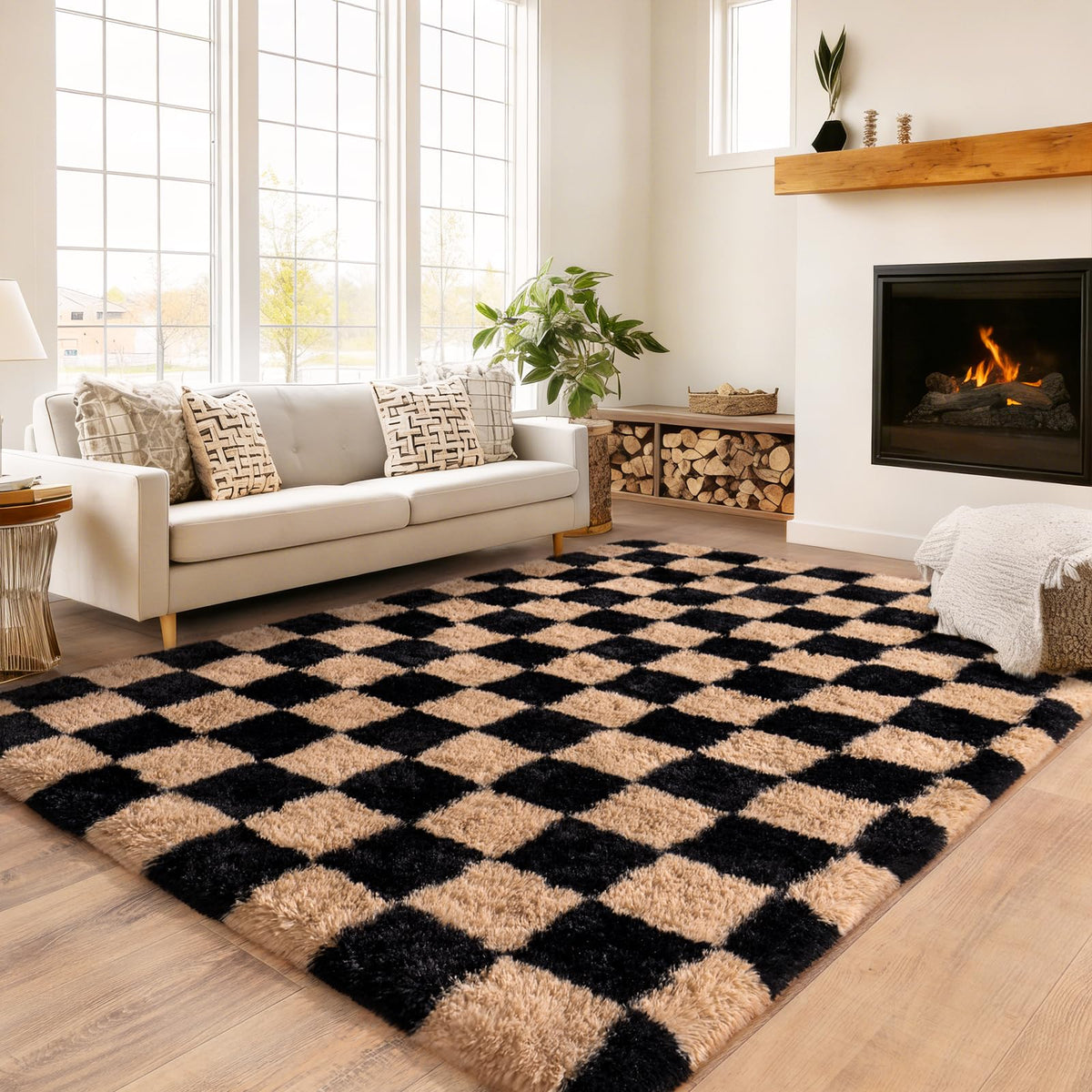 Checkered Rug 4x6 for Bedroom, Ultra Fluffy Shag Area Rugs for Living Room, Upgrade Anti-Skid High Pile Soft Rug Fuzzy Carpet for Living Room Bedroom Kids Room Nursery, Dorm Home Decor, Black & Beige