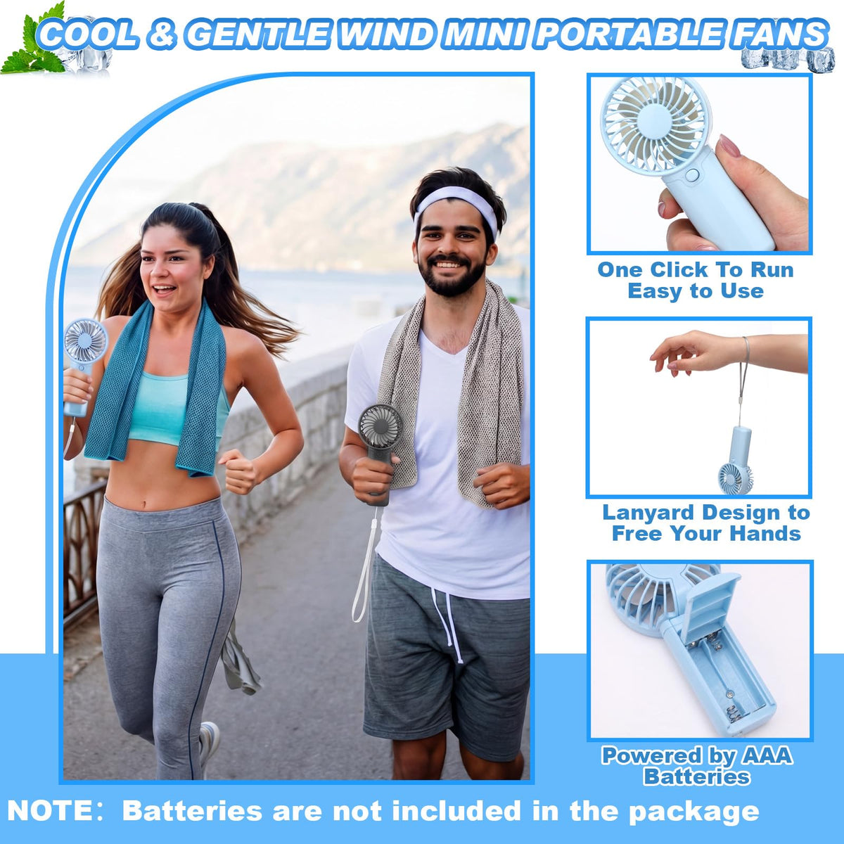 Retisee 24 Pcs Cooling Towel Mini Portable Fan Set 32 x 12 Inch Ice Towel Chilly Handheld Battery Powered Fan Cooling Sport Gifts for Travel Makeup Yoga Camping Running Summer(Fresh,Multicolor)