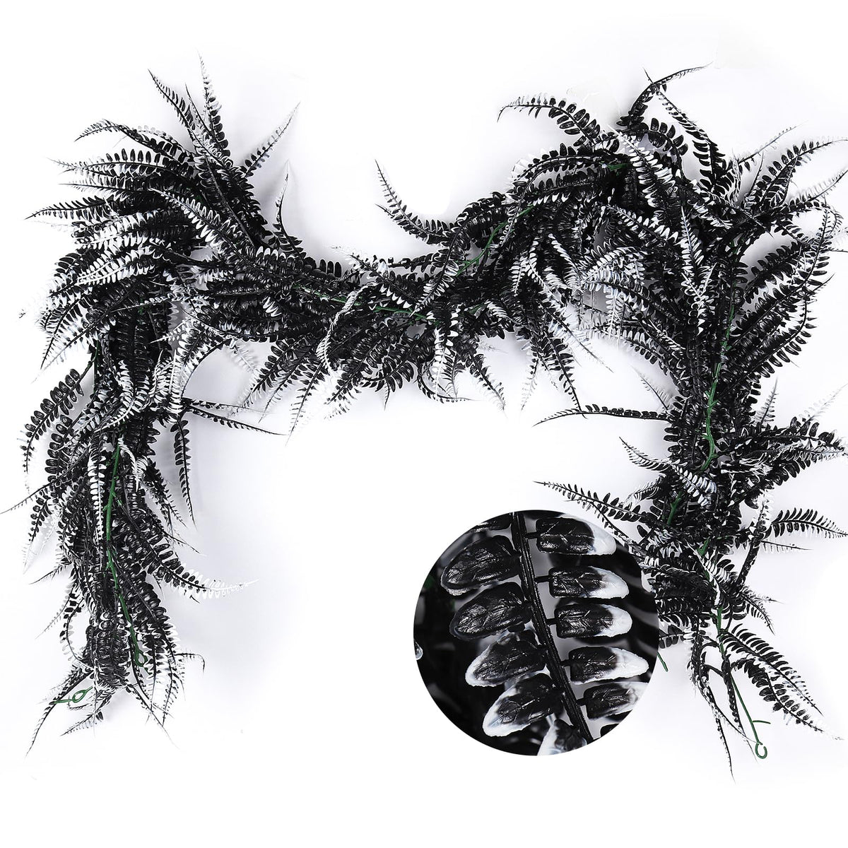 RECUTMS 2pcs Black Garland Artificial Boston Palnts 6 FT Fern Garland Faux Hanging Greenery Halloween Wreath for Outdoor Indoor Halloween Decor (Black White)