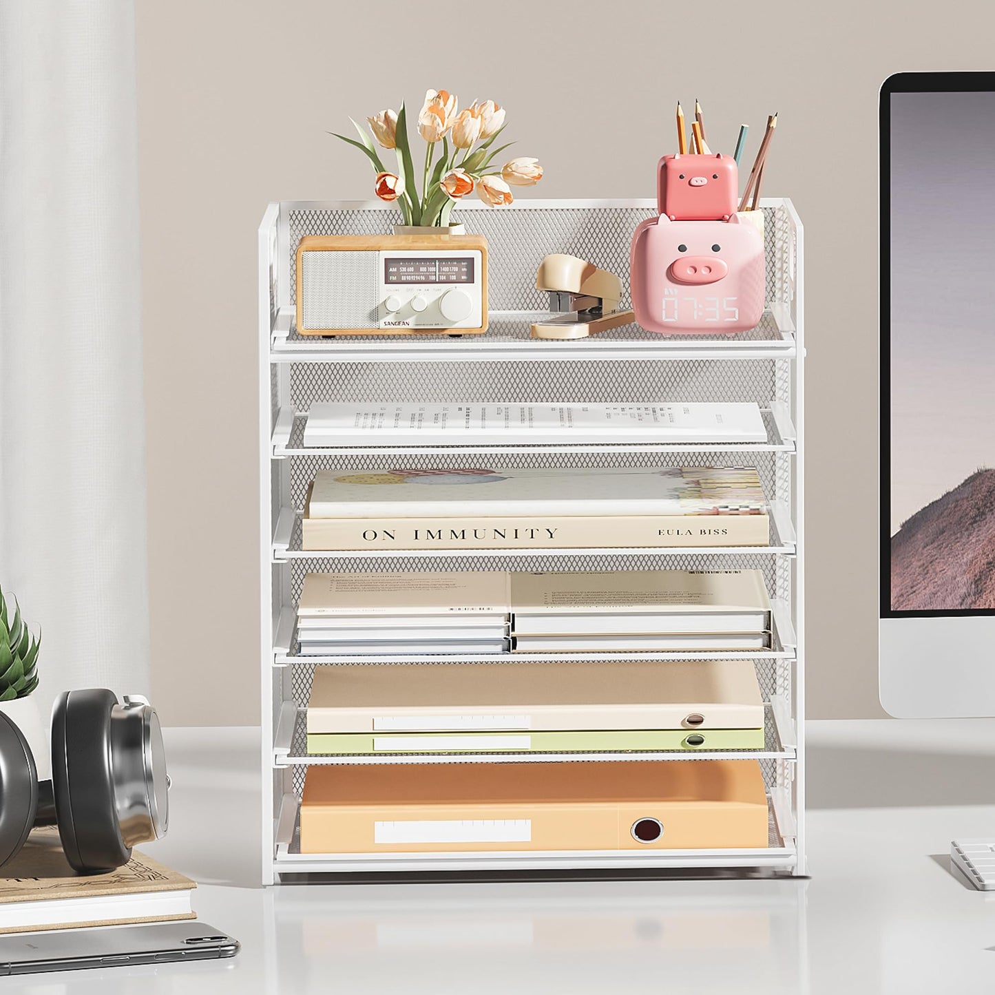 Subekyu 6-Tier Desk Paper Organizer, Desktop File Letter Tray with Handle, Document Sorter and Accessories Holder for Office, Home and School Workspace Organizers, White - 2 Pack