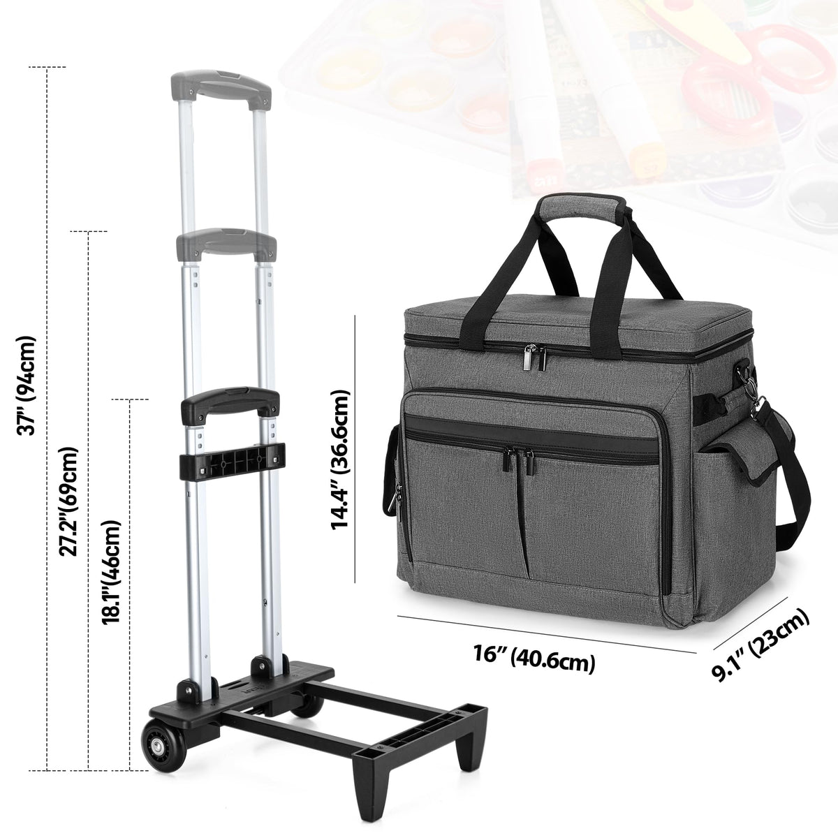 Trunab Rolling Scrapbook Tote with Expandable File Pocket, Large Craft Organizer and Storage Bag with Detachable Trolley and Bottom Support Panel for Scrapbooking Supplies and Art Tools, Grey