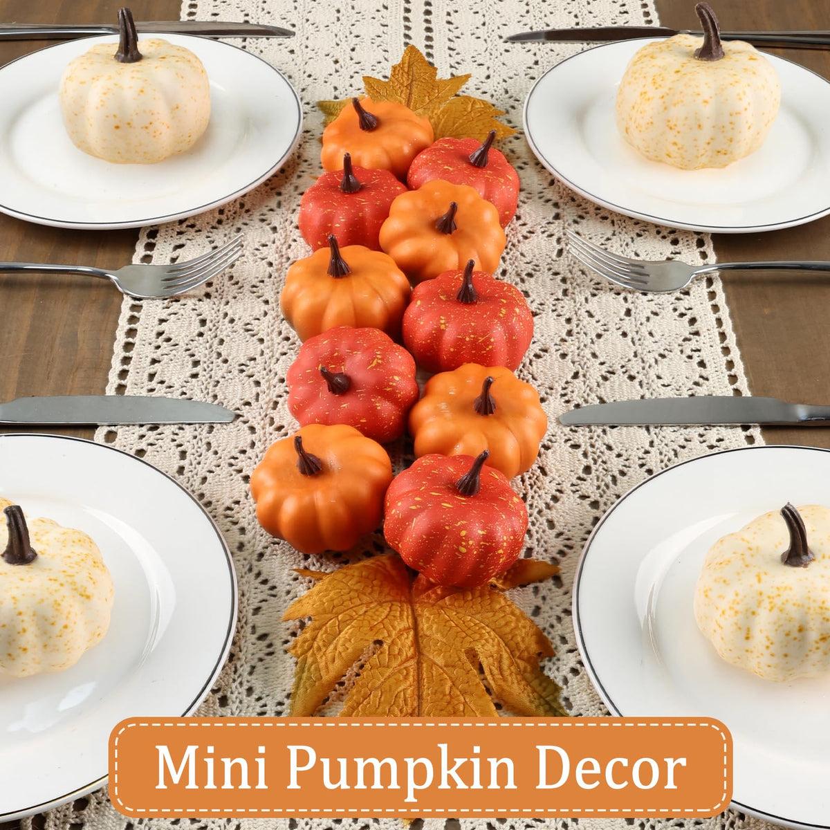 LZNPA 16PCS Artificial Mini Fake Pumpkins Set with Fall Leaves，Foam Plastic Carvable DIY Small White Craft Pumpkins Decor for Thanksgiving Halloween Home Fall Porch Table Decor