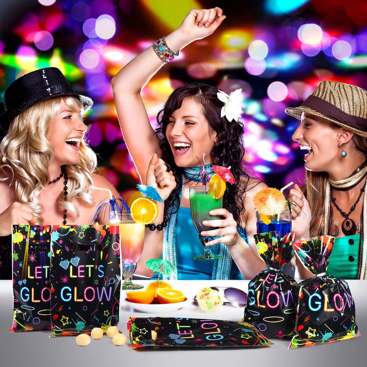 Pajean 100 Pieces Let's Glow Party Bags in the Dark Supplies Neon Goodie Candy with Die Cut Handles Theme Treat Gift for Kids Birthday Baby Shower Decorations