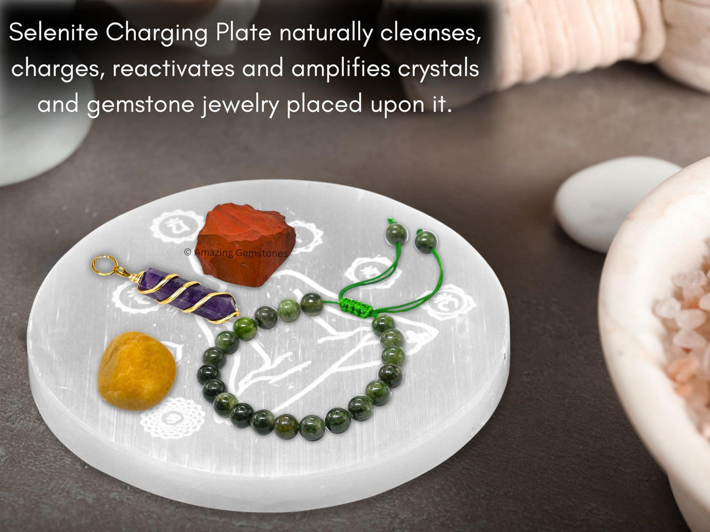 Amazing Gemstone Selenite Crystal Charging Plate For Crystals And Healing Stones, 3" Selenite Crystal Plate Engraved Buddha Coaster For Home, Office Table Decor (Selenite Round Disc)