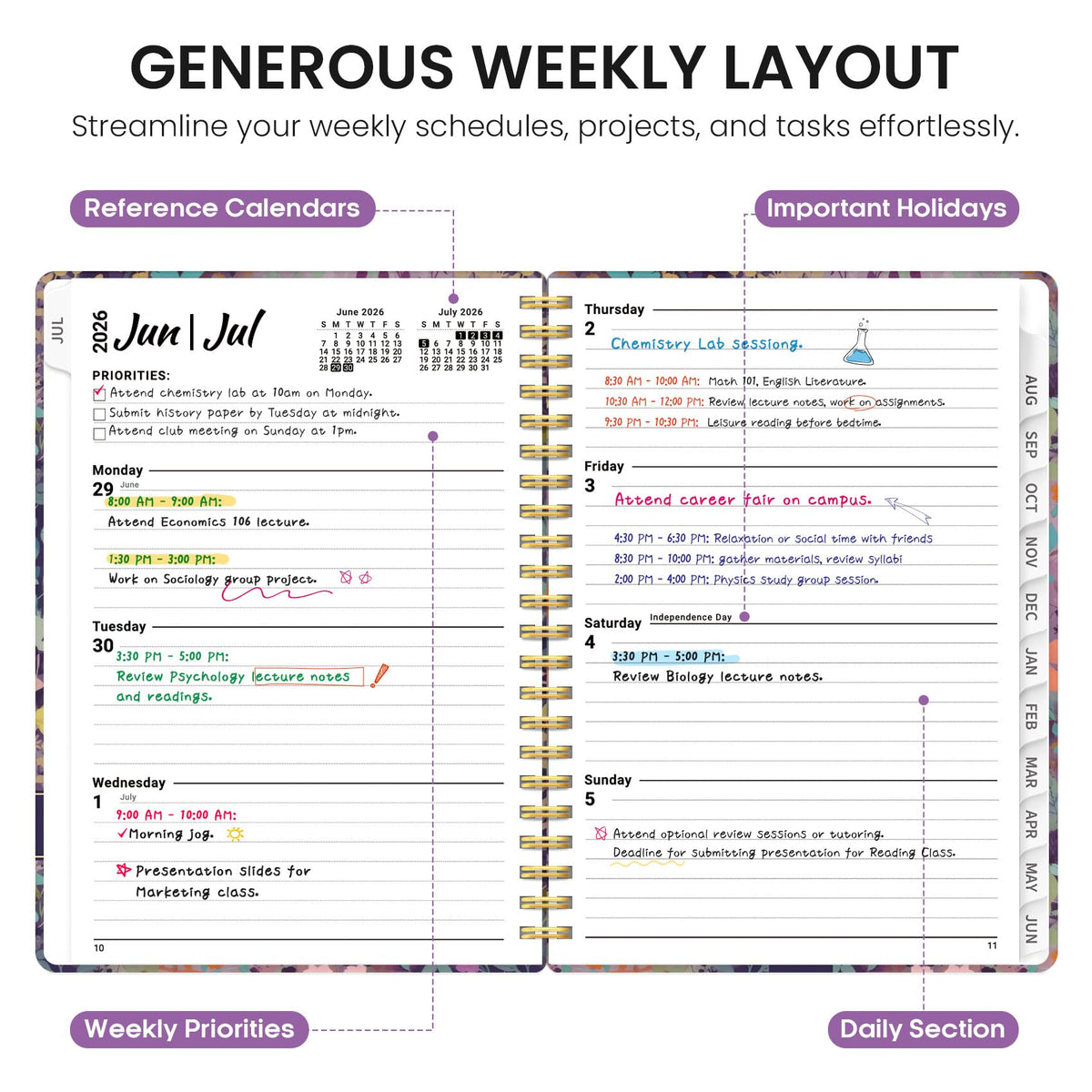 Planner 2026-2027, Academic Year Weekly and Monthly Calender Planner, from Jul 2026 - Jun 2027, Spiral Bound School Planning Book, Perfect for Teacher, Student, Women & Men, A4 (8.5" x 11"), Lavendar Floral