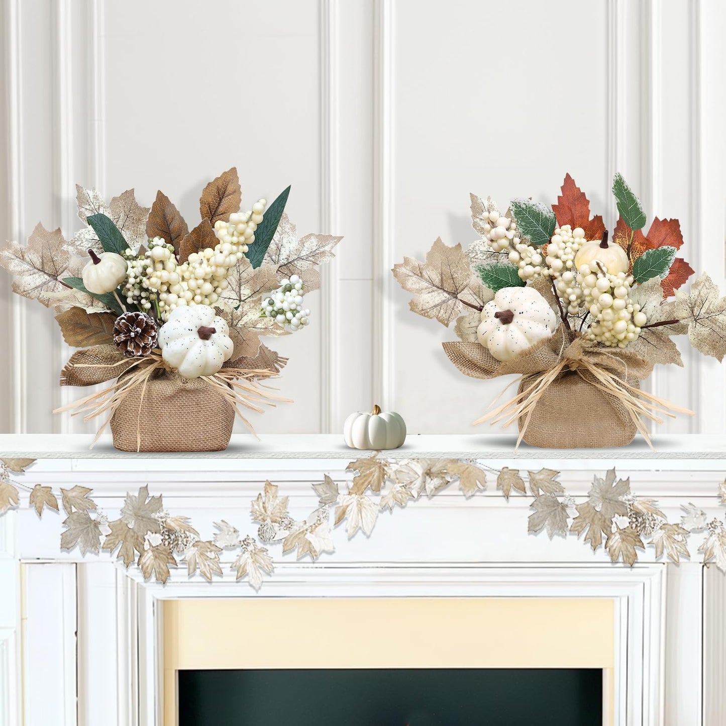 2 Styles & Timer Fall Decor- 2 Pack 11 Inch Tabletop Maple Tree Fall Decorations for Home, Lighted Fall Trees with 20 LEDs Battery Powered Leafed Pumpkin Cones Berry Autumn Thanksgiving Decorations