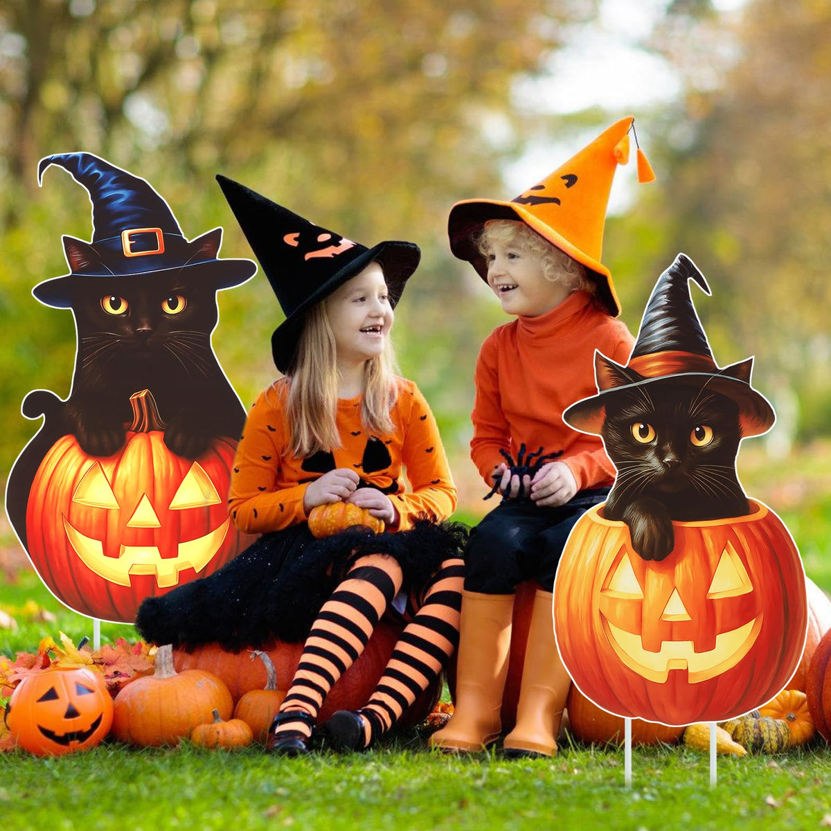 Large Outdoor Halloween Yard Signs, 2 PCS 31 inch Pumpkin Black Cat Halloween Yard Stakes Kids Friendly for Lawn Garden Home Decor Outside Party Supplies