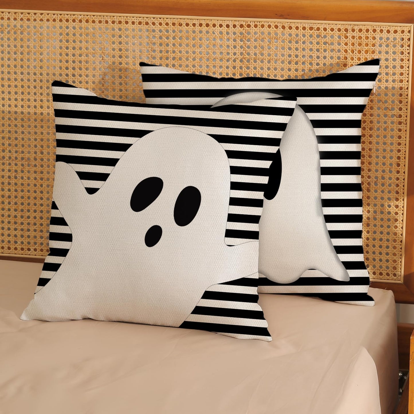 JEFERSO Halloween Pillow Covers 20x20 Set of 2 Black Stripes Cute White Ghost Throw Pillows Halloween Decorations Outdoor Pillowcase Halloween Home Decor Linen Farmhouse Cushion Case for Couch Sofa
