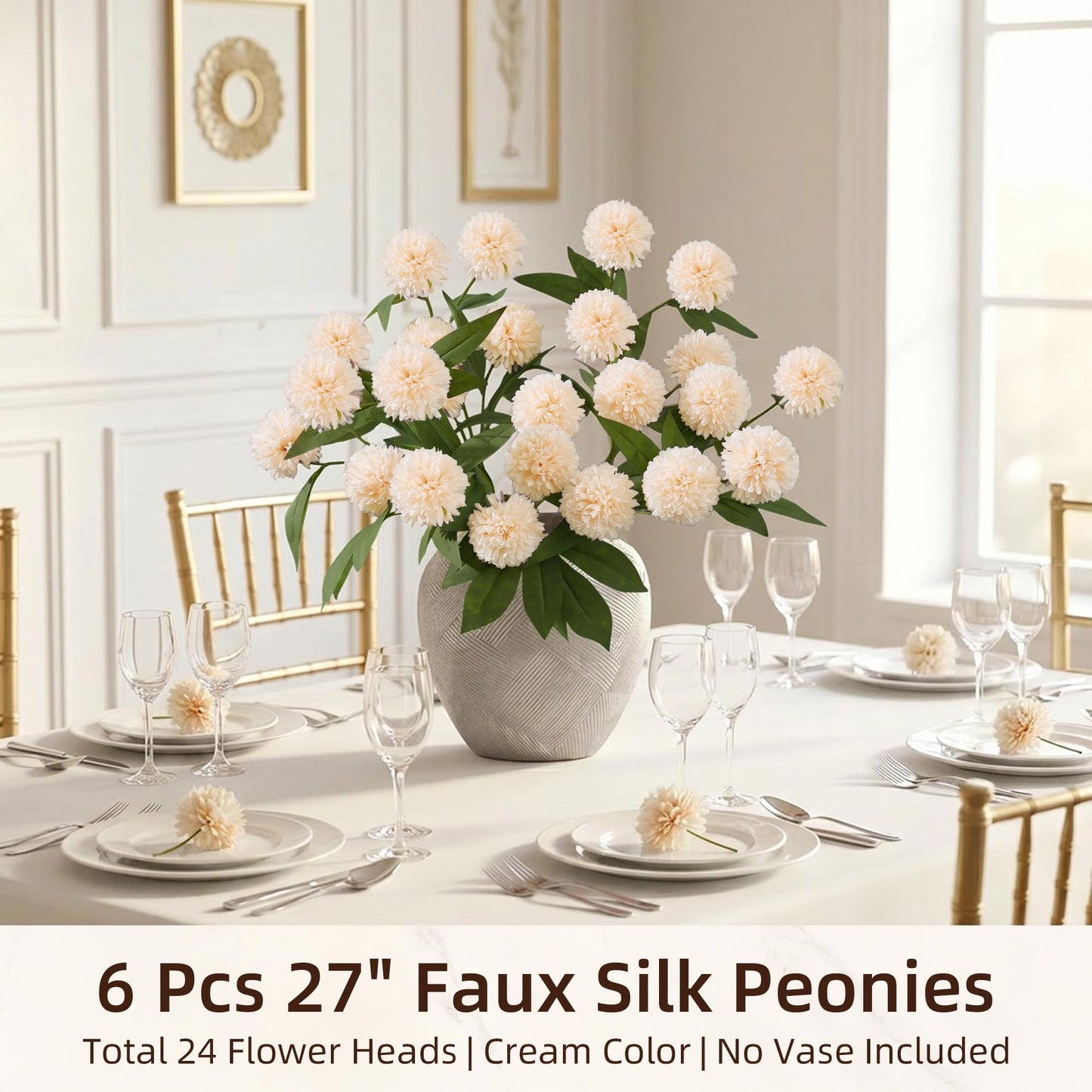 6 Pcs Artificial Pompon Mums, 27" Long Floral Faux Silk Flowers for Vase, Fake Chrysanth Branches with Stems for Indoor Home Table Decor, DIY Bouquet Centerpieces Decorations, Beige