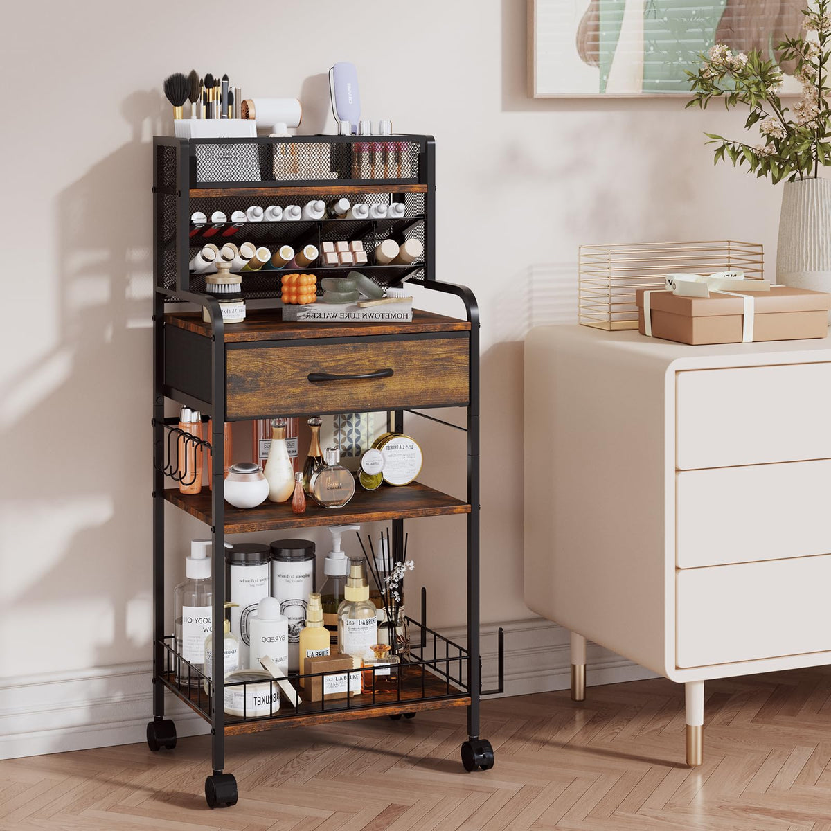 Homsorout Art cart, 3 Tier Rolling Cart - Utility Cart with Storage Drawer and Wheels, Versatile Art & Craft Organizer for Home, Office, or Studio Ideal for Storing Brushes, Paints （Brown）