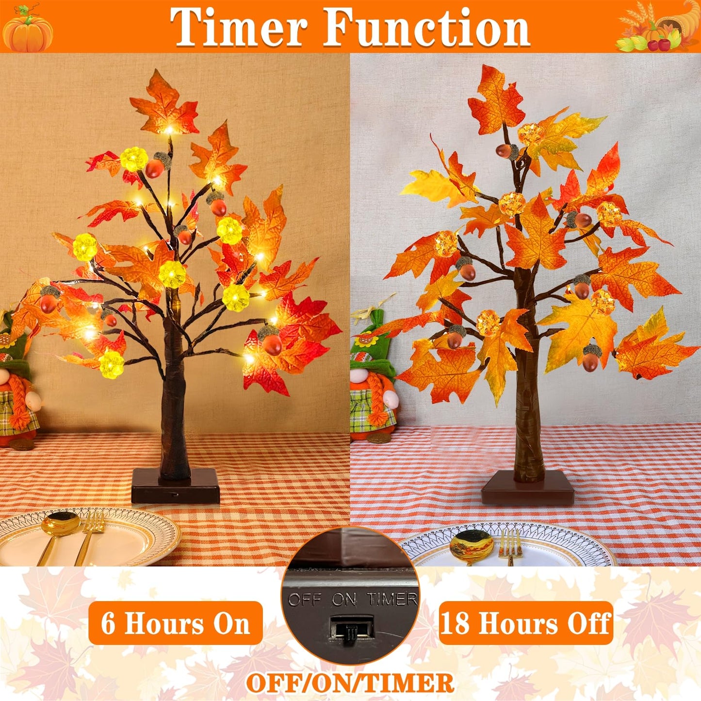 TURNMEON Fall Decor 2 Pack 18 Inch Prelit Fall Maple Tree Fall Decorations for Home with 48 LEDs Timer Battery Operated Pumpkin Lights Lighted Thanksgiving Halloween Decor Table Mantle Indoor Outdoor