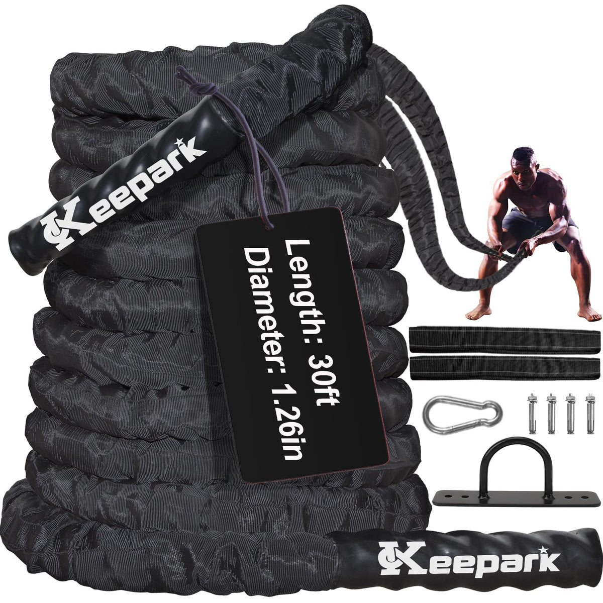 Battle Ropes for Home Gym Exercise: 1.26 Inch Diameter 30FT Length Workout Rope Exercise Rope Training Ropes with Protective Sleeve for Kids Men Women Exercise Fitness & Strength Training