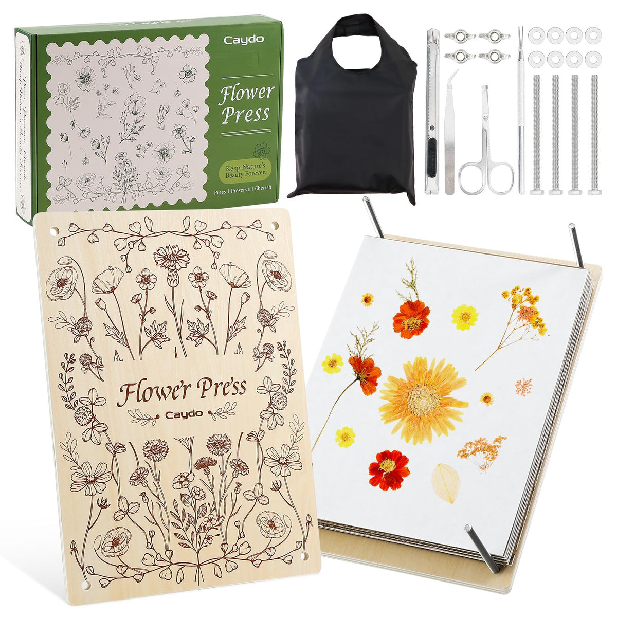 Caydo 11.8" x 8.3" 10 Layers Flower Press Kit for DIY Bookmark Pressed Flower Frame, Wooden Pressed Flower Kit & Plant Press for Adults, Bouquet Flower Preservation Kit, Ideal Gift for Craft Lovers