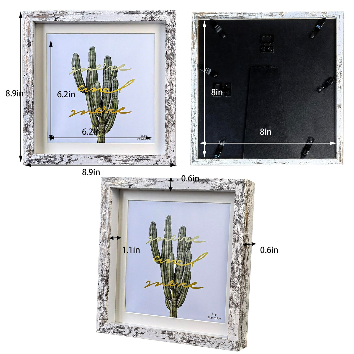 Houstimi Rustic 8x8 Shadow Box Frame White Shadow Box Display Case Made of Solid Wood and Real Glass Internal Depth 0.6 inches for Wall Or Tabletop（3 Pack）
