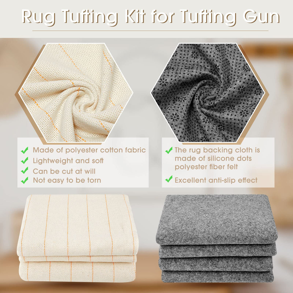 Tudomro 12 Pcs 79'' X 59" Large Tufting Cloth for Rugs and 71'' X 39" Non Slip Final Backing Tuft Fabric Monks Cloth for Tufting Needle DIY Rug Making, Contains Cleaning Brush and Glue Scraper