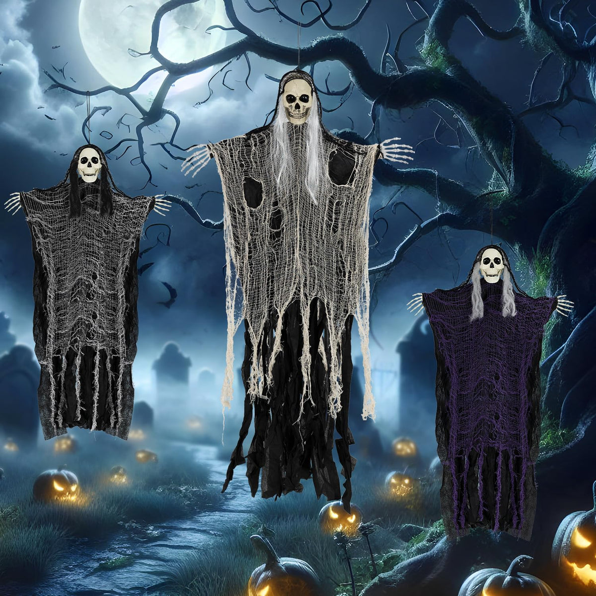 Kendane Halloween Decorations Outdoor and Indoor,3PCS Scary Hanging Ghosts,Halloween Grim Reaper Skeleton,Scary Party Decorations for Yard,Haunted House Decor