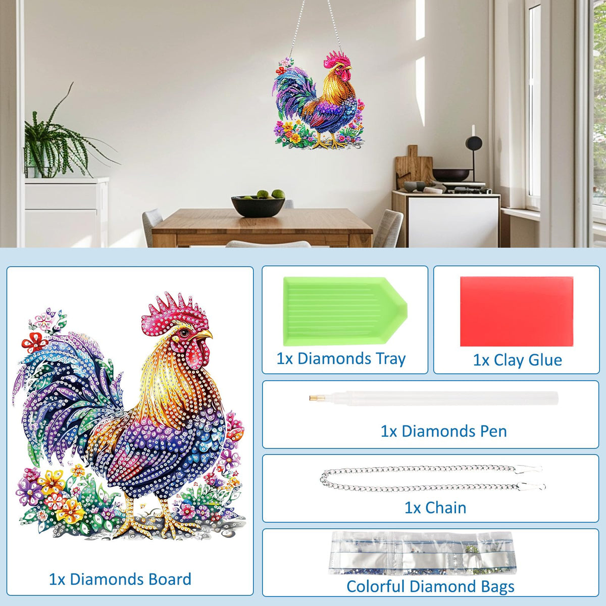 SENQAO Chicken Diamond Art Hanging Kit for Adult, Special Shaped Rhinestone, DIY Acrylic 5D Diamond Art Painting Window Pendants Home Garden Wall Hanging Kits Hanging Ornament
