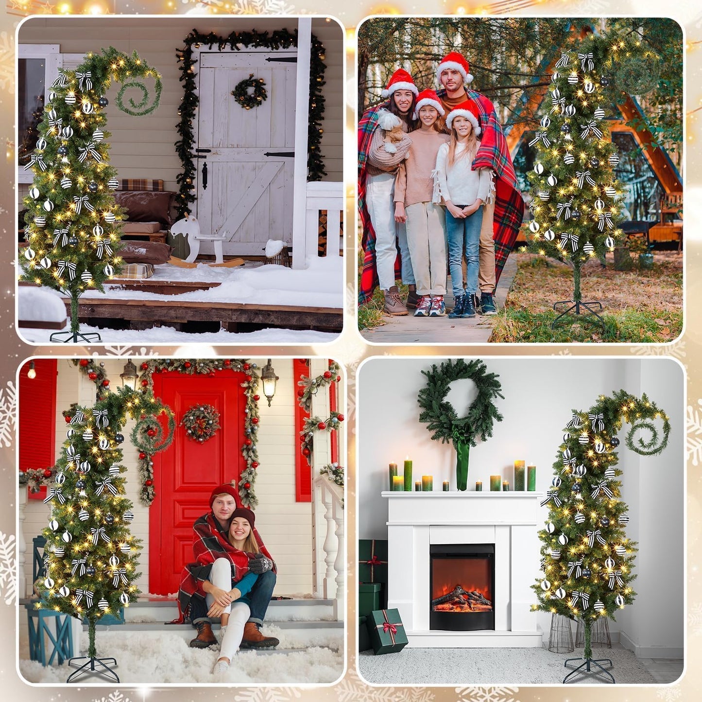 32Pcs 6 FT Christmas Tree with Light and Nightmare Ornament Ball Before Bendable Whimsical Christmas Tree with Black White Bow Ball 8 Modes String Light Crooked Bent Top for Home Decor (Green)