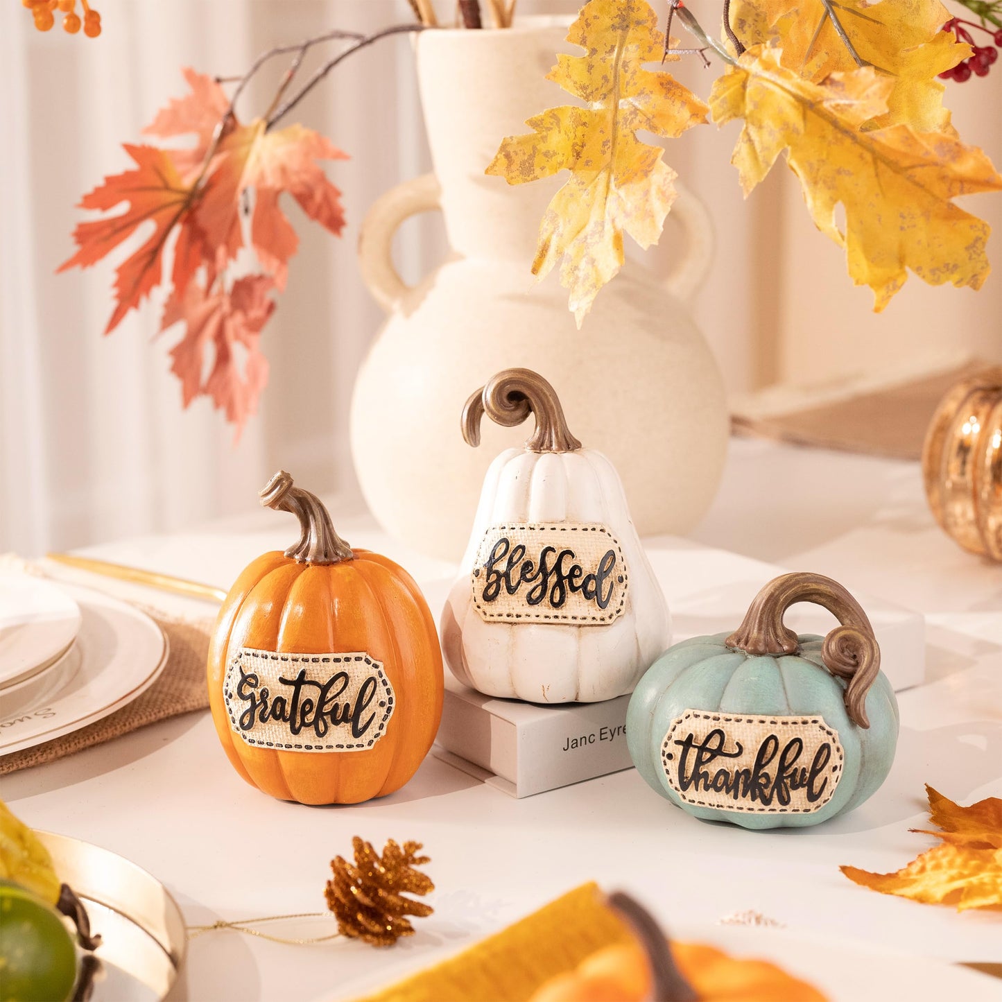 Valery Madelyn Pumpkins Fall Table Decor for Home, Set of 3 Resin Decorative Pumpkins Figurines Decor Indoor Tabletop Centerpieces Harvest Autumn Thanksgiving Dining Room Shelf Decoration, 6.3 inch