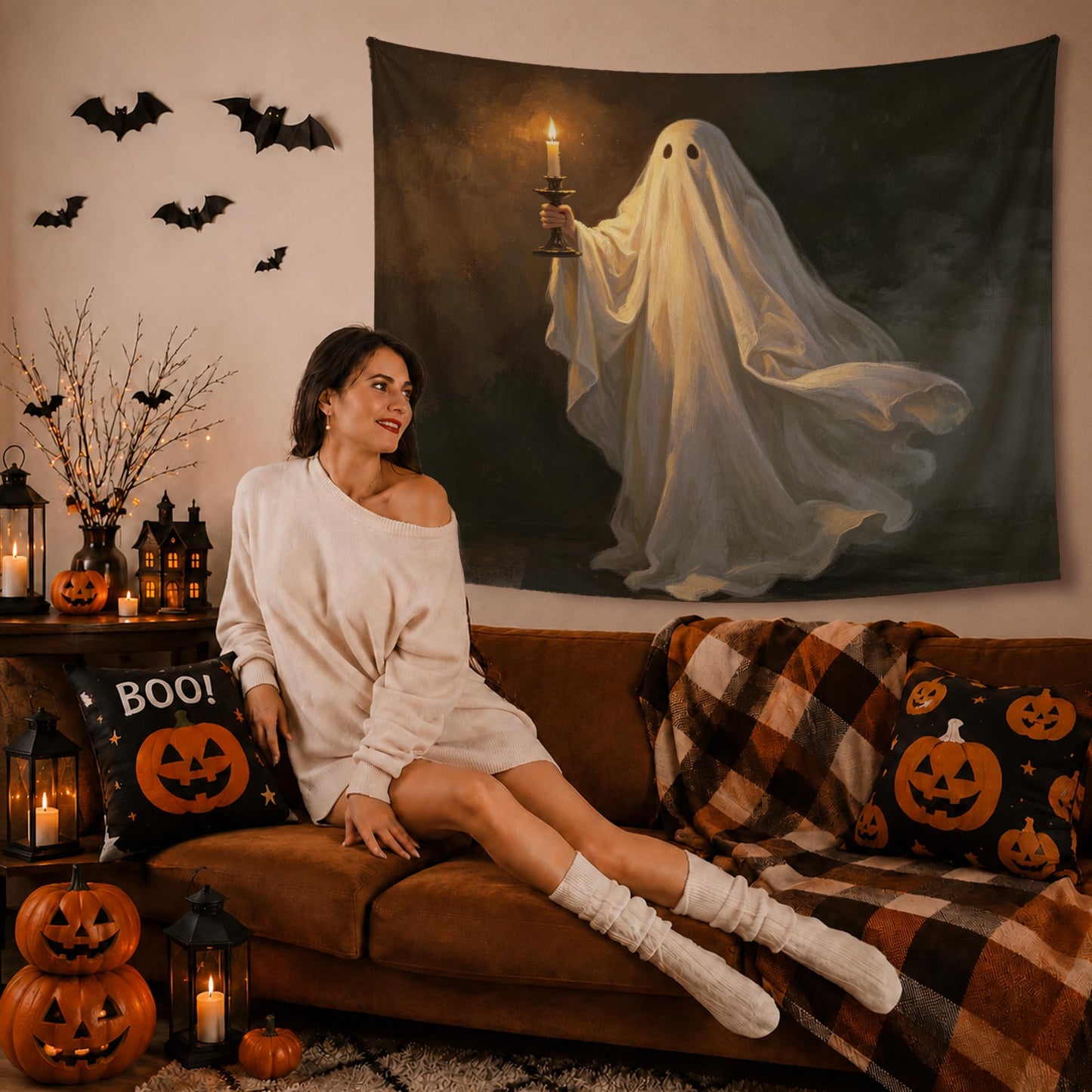 YTRGI YTRG Halloween Tapestry, Dark Academia Spook Ghost Tapestries Wall Hanging for Bedroom, Gothic Ghost Holding Candle Tapestry Wall Decor Backdrop for Living Room Home, 50x60 Inch