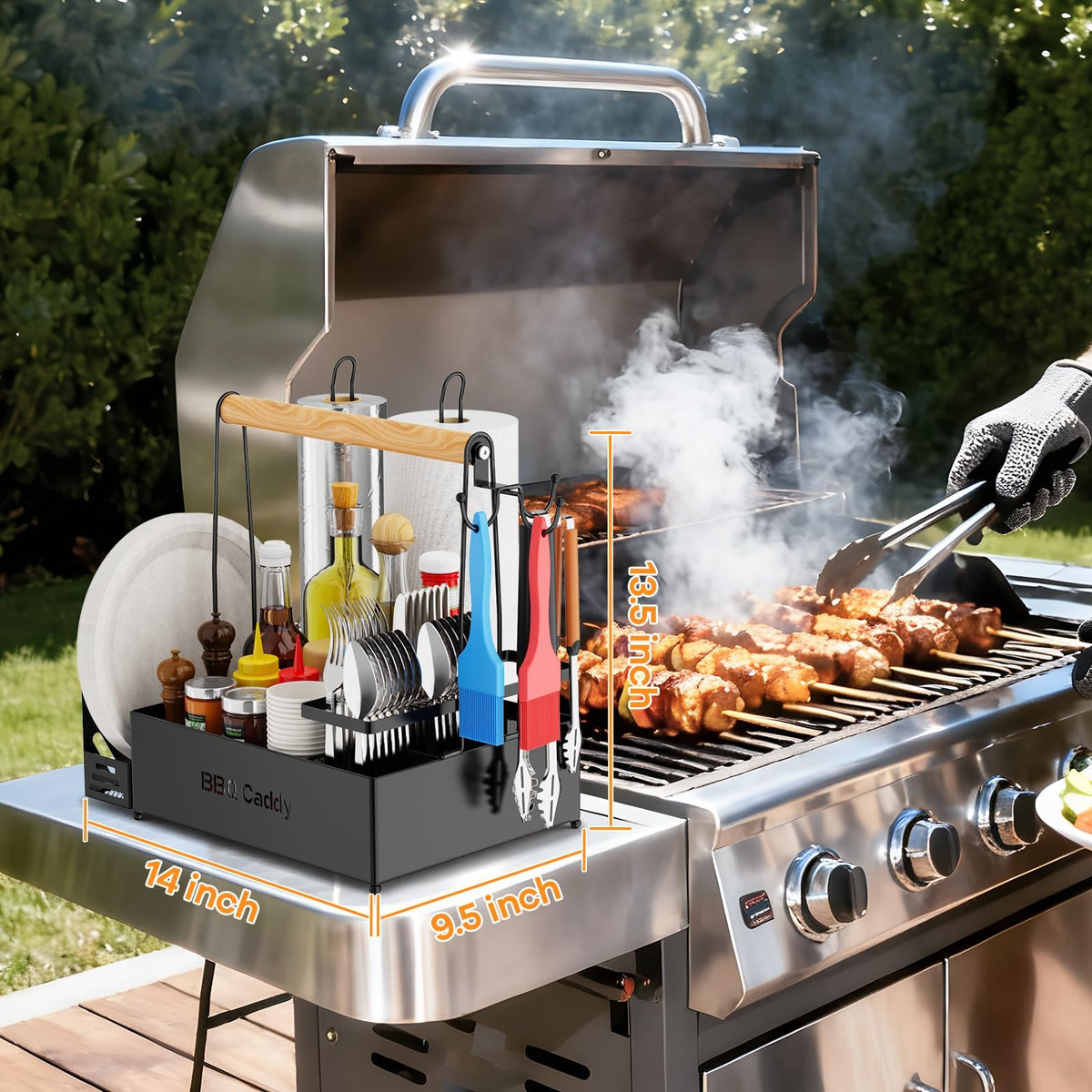 GUIBUKEYAN Grill Caddy, BBQ for Outdoor Grill with 2 Paper Towel Holders, Picnic BBQ Condiment Utensil Organizer Caddy for Outdoor Cooking, Rv, Camping Essential, Camper Must Haves,Gifts for Men