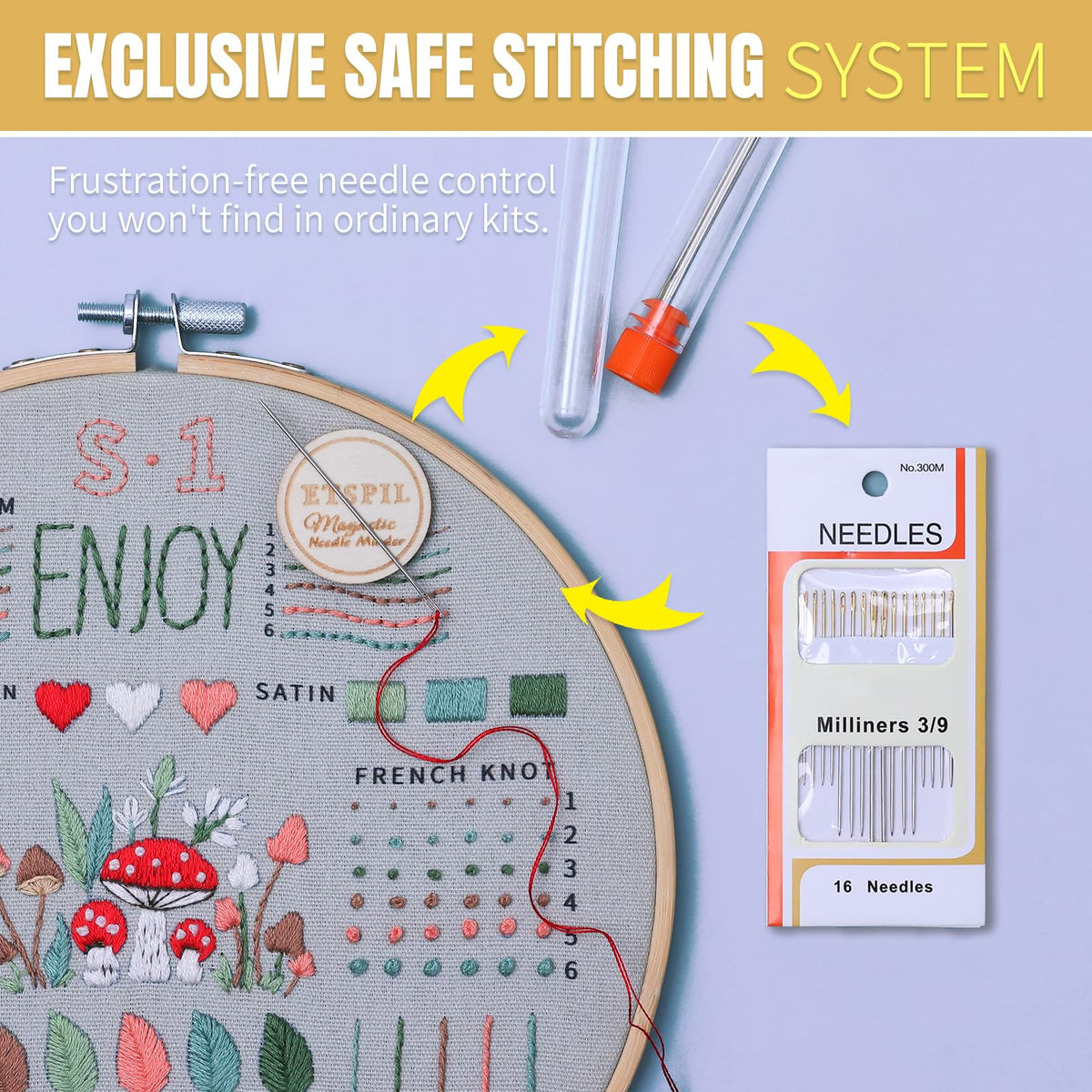 ETSPIL Embroidery Kit for Beginners, Magnetic Needle Minder & 4K Video Tutorials, Pre-Printed Floral Patterns, Bound Guide, Relaxing Screen-Free Craft for Women at Home