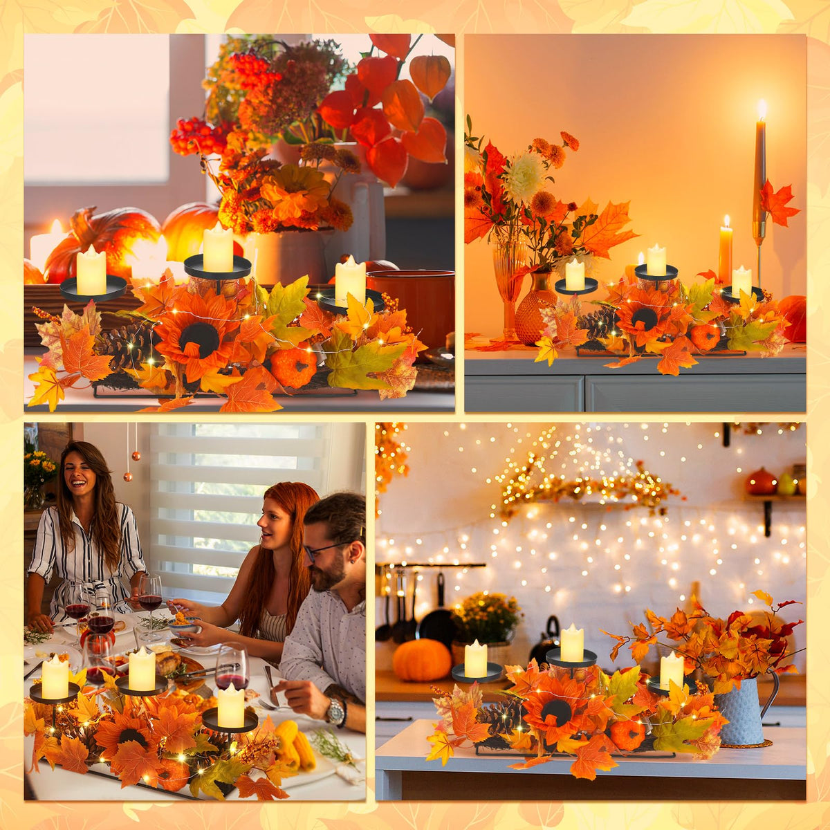 meekoo Fall Centerpiece Thanksgiving Table Decoration 3 Candle Holders Fall Harvest Decor with 3 LED Candles Autumn Pumpkin Maple Leaves Sunflower Centerpiece for Kitchen Fireplace Mantel